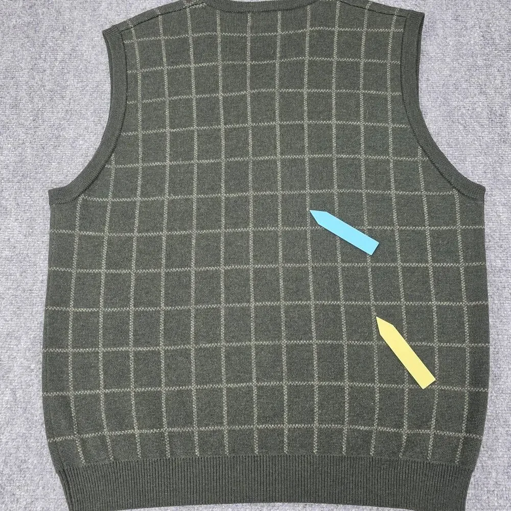 Brooks Brothers Sweater Vest Mens Large Green Windowpane Merino Wool Knit VTG HK
